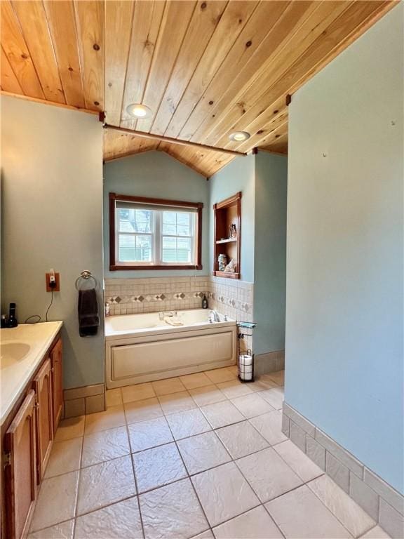 110 Mcmaster St, Bath, NY 14810 - bathroom with wood ceiling, a garden tub, lofted ceiling, vanity, and tile patterned flooring