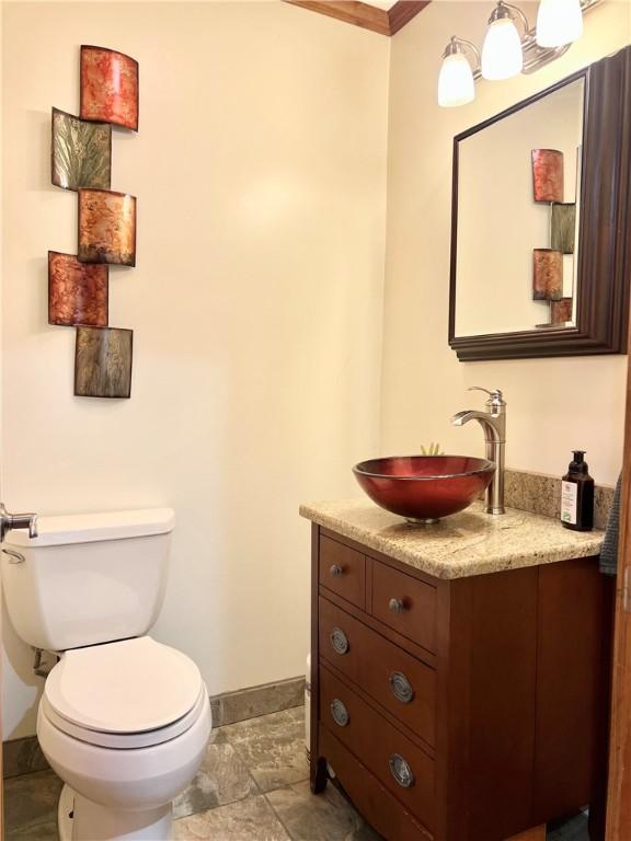 110 Mcmaster St, Bath, NY 14810 - half bathroom featuring vanity and ornamental molding