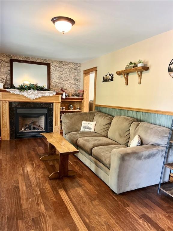 110 Mcmaster St, Bath, NY 14810 - living room featuring wood finished floors, a fireplace, and a wainscoted wall