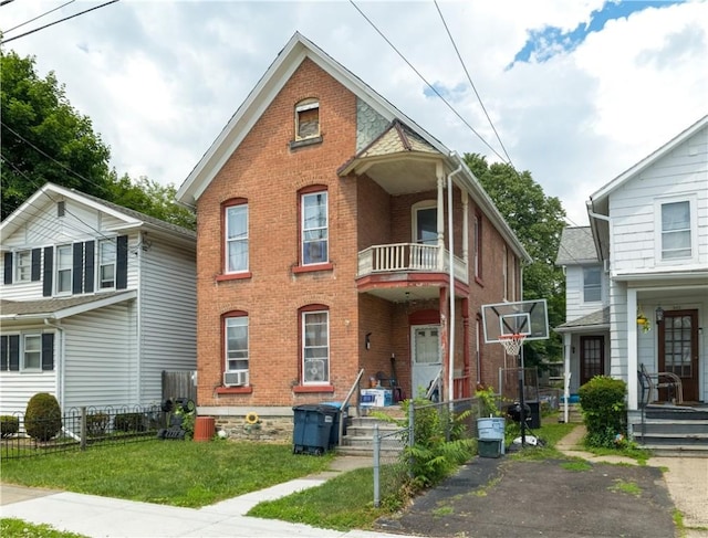 364 W 3rd St, Elmira City, NY 14901 - traditional home with brick siding, a balcony, and cooling unit