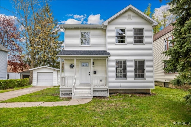 374 Dewey Ave, Buffalo, NY 14214 - traditional-style house with an outdoor structure, driveway, a front yard, and a detached garage