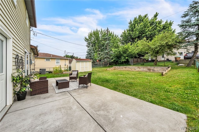 94 N Seine Dr, Cheektowaga, NY 14227 - fenced backyard with a patio area, a shed, and an outdoor living space