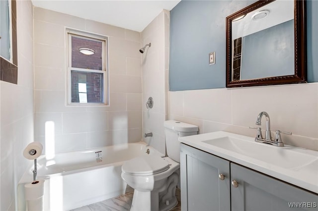 1329 Clinton St, Buffalo, NY 14206 - bathroom with tile walls, washtub / shower combination, and vanity