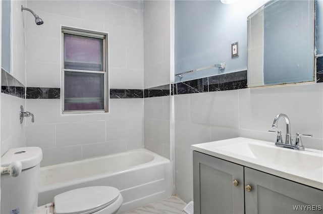 1329 Clinton St, Buffalo, NY 14206 - full bathroom featuring tile walls, washtub / shower combination, vanity, and marble look tile flooring
