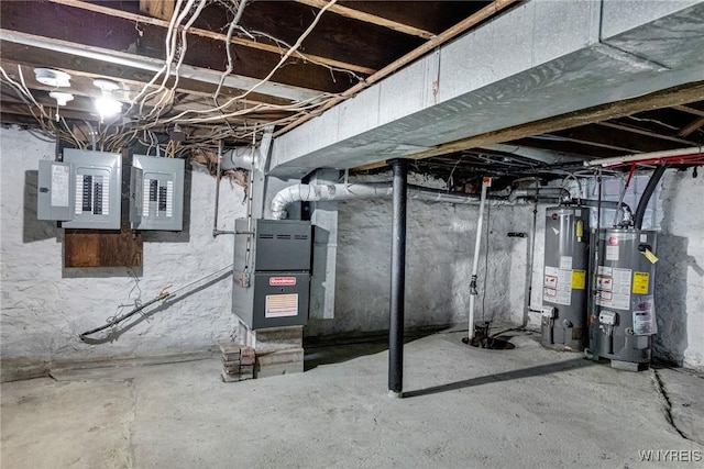 1329 Clinton St, Buffalo, NY 14206 - unfinished basement with water heater, electric panel, and heating unit