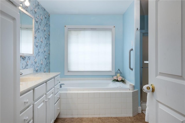 203 Upland Run, Horseheads, NY 14845 - full bath with vanity, a bath, wallpapered walls, and tile patterned floors