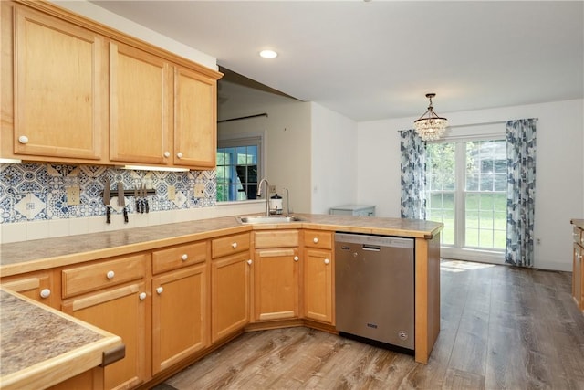 203 Upland Run, Horseheads, NY 14845 - kitchen featuring dishwasher, a peninsula, light wood-type flooring, decorative backsplash, and recessed lighting