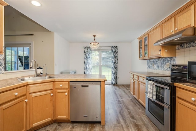 203 Upland Run, Horseheads, NY 14845 - kitchen featuring appliances with stainless steel finishes, under cabinet range hood, tasteful backsplash, light wood-type flooring, and a peninsula