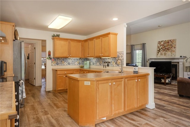203 Upland Run, Horseheads, NY 14845 - kitchen featuring open floor plan, a peninsula, electric range, light wood finished floors, and tasteful backsplash