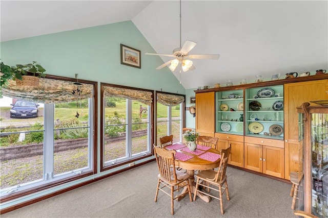 61 Country Pl, Colesville, NY 13813 - dining room with carpet, plenty of natural light, ceiling fan, and high vaulted ceiling