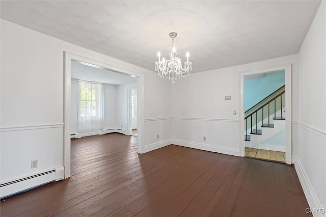 16 Onondaga St, Skaneateles, NY 13152 - unfurnished room featuring a baseboard heating unit, a chandelier, dark wood-style flooring, and stairway