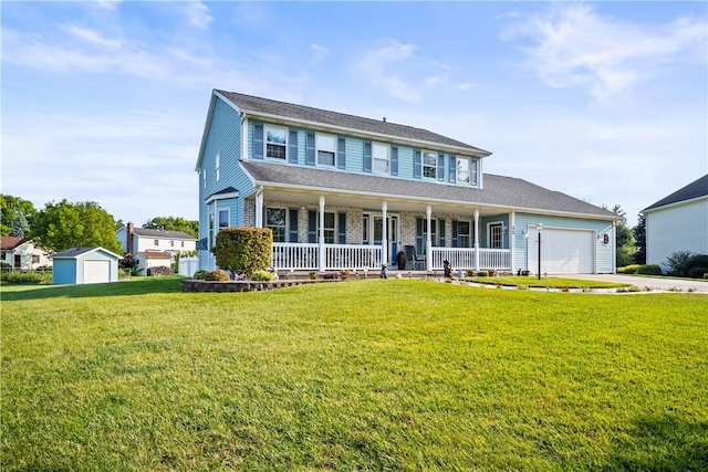 35 Silkwood Cir, Gates, NY 14559 - colonial-style house featuring covered porch, a shed, an attached garage, a front lawn, and driveway
