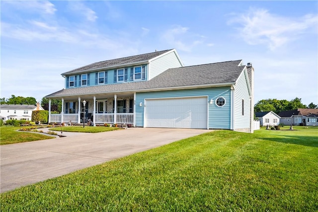 35 Silkwood Cir, Gates, NY 14559 - colonial-style house with a porch, an attached garage, a chimney, a front lawn, and driveway