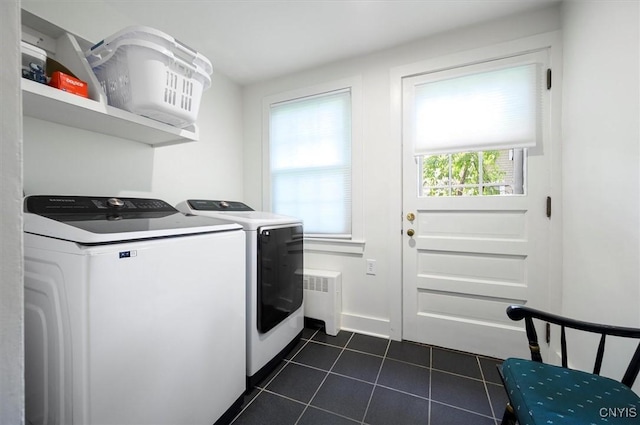 53 Payne St, Hamilton, NY 13346 - laundry room with separate washer and dryer, radiator heating unit, and dark tile patterned floors