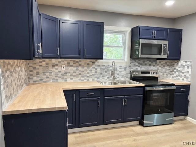 196 Berger Ave, Syracuse, NY 13205 - kitchen featuring stainless steel appliances, blue cabinetry, backsplash, and light wood-style floors
