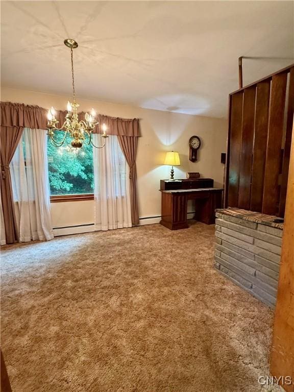 9418 Glenmore Rd Unit Es, Annsville, NY 13471 - unfurnished dining area featuring a chandelier, carpet flooring, and a baseboard heating unit
