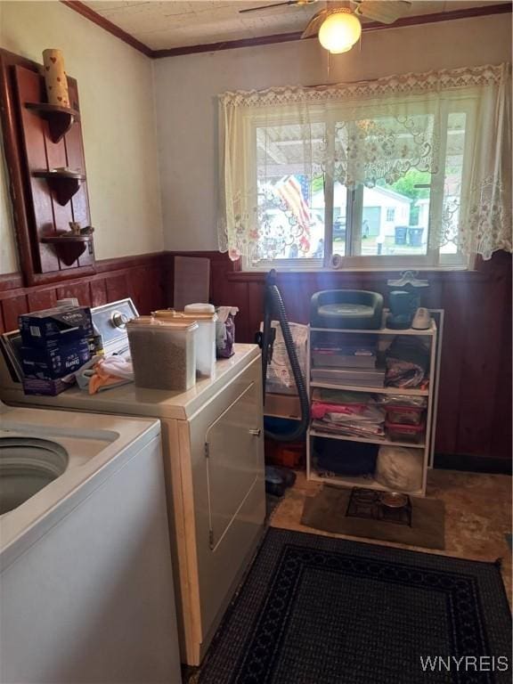 29 Church St, Royalton, NY 14105 - washroom featuring washer and dryer, plenty of natural light, crown molding, ceiling fan, and a wainscoted wall