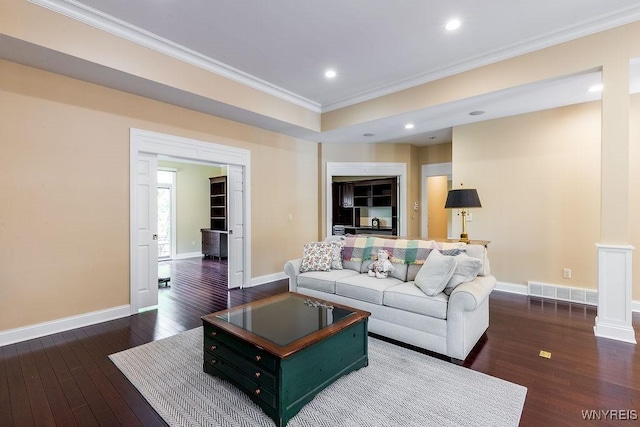 171 Harbridge Mnr, Amherst, NY 14221 - living area with crown molding, hardwood / wood-style flooring, ornate columns, and recessed lighting