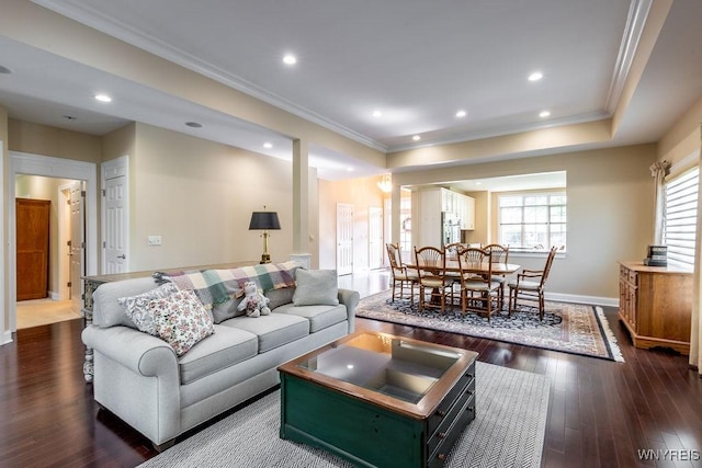 171 Harbridge Mnr, Amherst, NY 14221 - living room with ornamental molding, dark wood finished floors, recessed lighting, and a tray ceiling