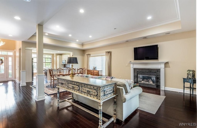 171 Harbridge Mnr, Amherst, NY 14221 - living room with ornamental molding, a fireplace, dark wood-style flooring, and recessed lighting