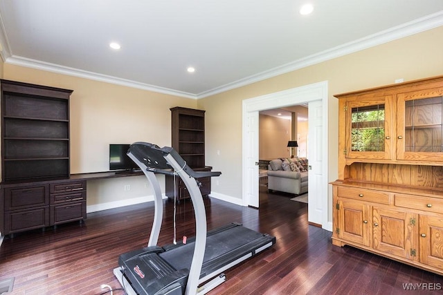 171 Harbridge Mnr, Amherst, NY 14221 - workout area featuring dark wood-type flooring, crown molding, recessed lighting, and built in study area