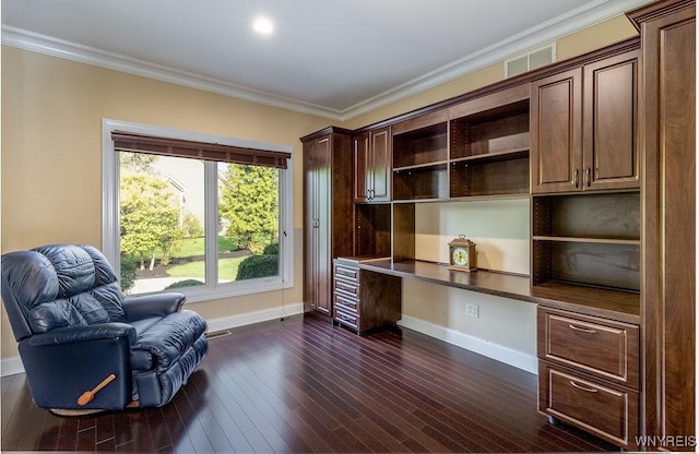 171 Harbridge Mnr, Amherst, NY 14221 - home office featuring built in study area, crown molding, and dark wood finished floors