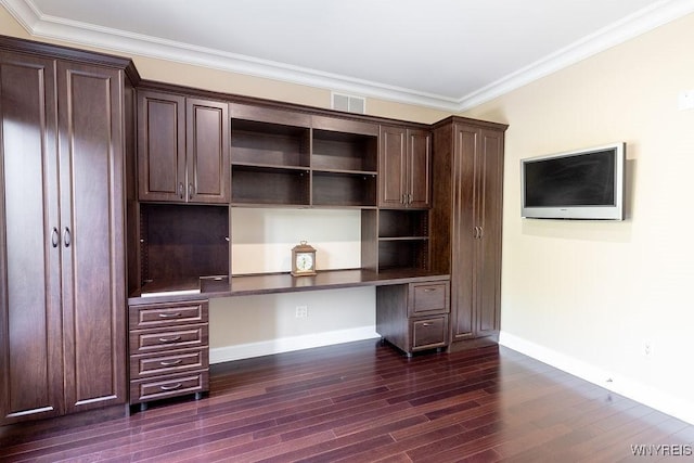 171 Harbridge Mnr, Amherst, NY 14221 - unfurnished office featuring built in study area, dark wood-style floors, and crown molding