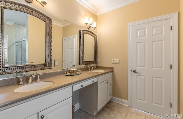 171 Harbridge Mnr, Amherst, NY 14221 - full bath with crown molding, double vanity, tile patterned flooring, and a shower with shower door