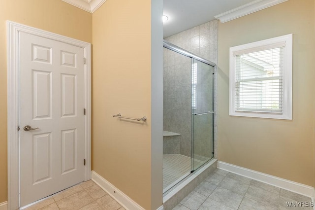 171 Harbridge Mnr, Amherst, NY 14221 - bathroom featuring crown molding, tile patterned flooring, and a shower stall