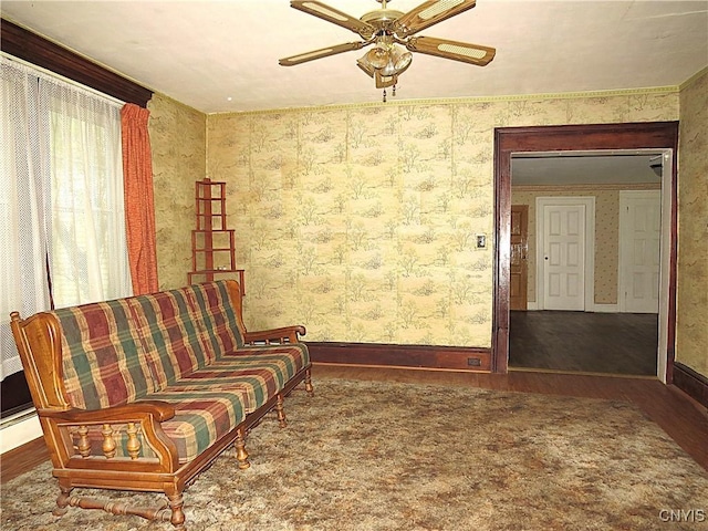 164 Kanzog Rd, German Flatts, NY 13407 - sitting room featuring wood finished floors, ceiling fan, and wallpapered walls