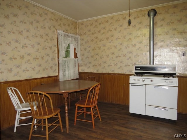 164 Kanzog Rd, German Flatts, NY 13407 - dining area featuring a wainscoted wall, dark wood-type flooring, crown molding, and wood walls
