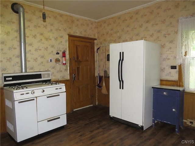 164 Kanzog Rd, German Flatts, NY 13407 - kitchen with white appliances, dark wood-type flooring, wallpapered walls, ornamental molding, and wainscoting