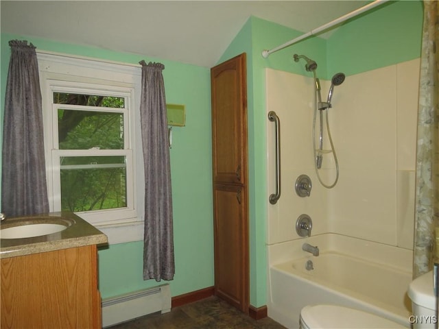 164 Kanzog Rd, German Flatts, NY 13407 - full bath with baseboard heating, shower / bathtub combination with curtain, vanity, and lofted ceiling