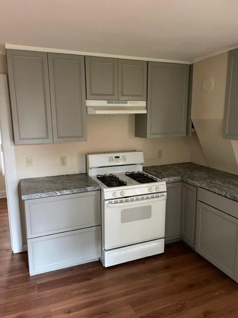 1307 Lackawanna Ave, Elmira City, NY 14901 - kitchen featuring white range with gas cooktop, under cabinet range hood, gray cabinetry, and dark wood-style flooring