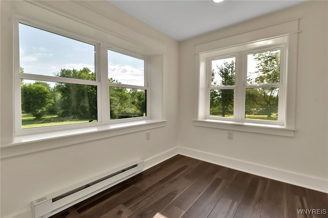 4221 Upper Mountain Rd, Cambria, NY 14132 - unfurnished room featuring a baseboard radiator, plenty of natural light, and dark wood-style floors