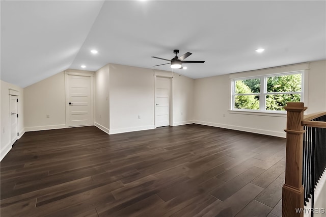 4221 Upper Mountain Rd, Cambria, NY 14132 - unfurnished living room featuring ceiling fan, dark wood-type flooring, lofted ceiling, and recessed lighting