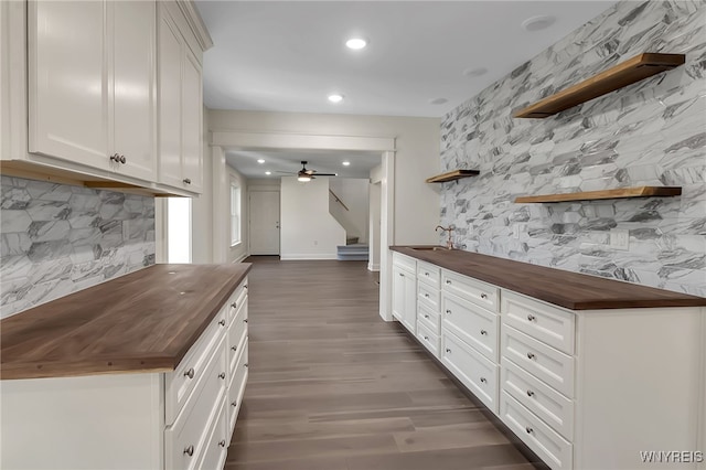 4221 Upper Mountain Rd, Cambria, NY 14132 - kitchen with butcher block counters, open shelves, tasteful backsplash, and recessed lighting