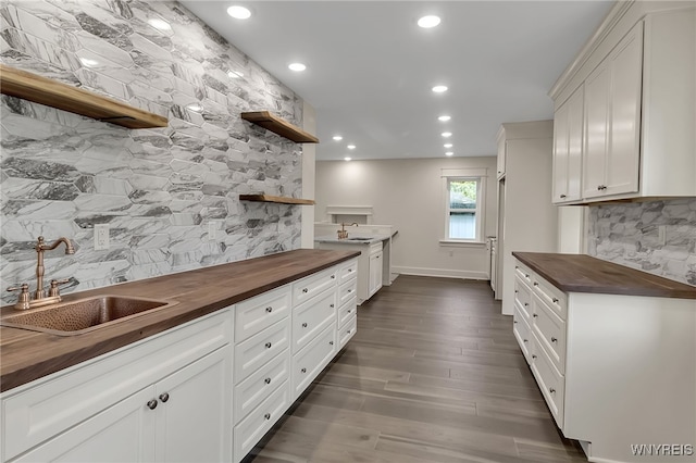 4221 Upper Mountain Rd, Cambria, NY 14132 - kitchen with wood counters, open shelves, decorative backsplash, dark wood-type flooring, and recessed lighting