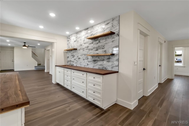 4221 Upper Mountain Rd, Cambria, NY 14132 - bar with dark wood-type flooring, recessed lighting, stairs, and ceiling fan