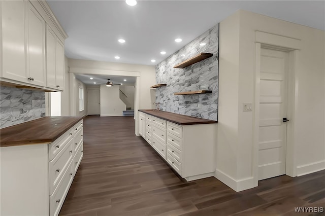 4221 Upper Mountain Rd, Cambria, NY 14132 - kitchen with butcher block countertops, open shelves, decorative backsplash, a ceiling fan, and recessed lighting