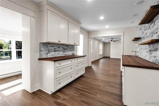 4221 Upper Mountain Rd, Cambria, NY 14132 - kitchen with wood counters, open shelves, a ceiling fan, a baseboard radiator, and plenty of natural light