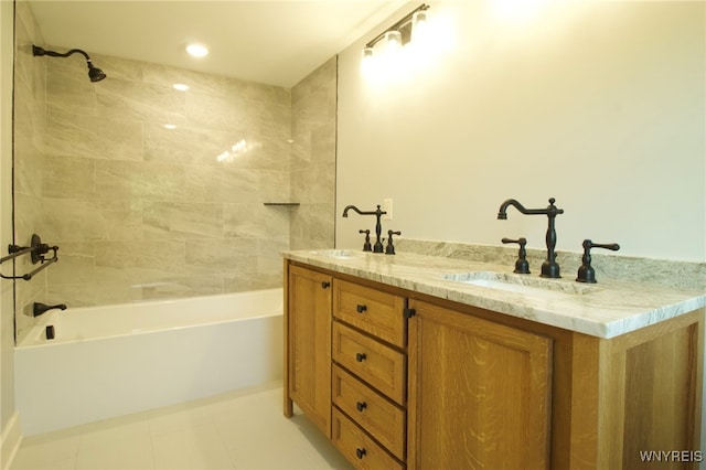 4221 Upper Mountain Rd, Cambria, NY 14132 - bathroom with washtub / shower combination, double vanity, and recessed lighting