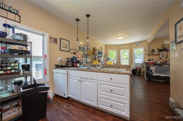 54 Tuxedo Pl, Buffalo, NY 14207 - kitchen featuring white dishwasher, a peninsula, dark wood-type flooring, and white cabinets