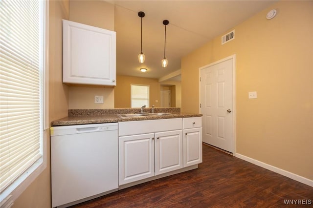 54 Tuxedo Pl, Buffalo, NY 14207 - kitchen featuring dishwasher, dark wood finished floors, white cabinets, pendant lighting, and dark countertops