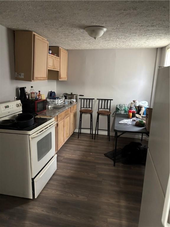 50 Saratoga Ave, Rochester, NY 14608 - kitchen with white electric range, dark wood-type flooring, a textured ceiling, and light brown cabinets
