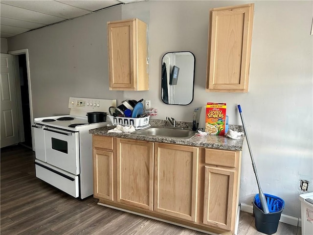 50 Saratoga Ave, Rochester, NY 14608 - kitchen with light brown cabinetry, electric stove, and dark wood-style floors