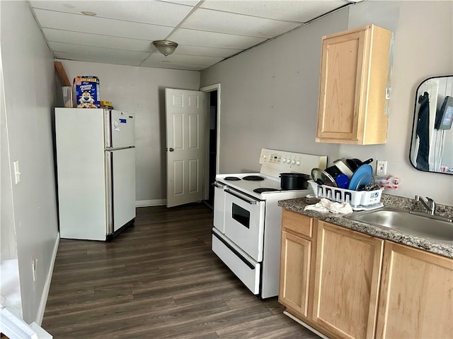 50 Saratoga Ave, Rochester, NY 14608 - kitchen with white appliances, light brown cabinets, dark wood-style floors, and a drop ceiling