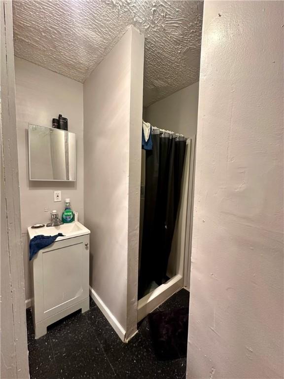 50 Saratoga Ave, Rochester, NY 14608 - bathroom featuring vanity, a shower with shower curtain, and a textured ceiling