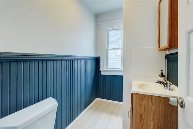 26 Fountain St, Rochester, NY 14620 - half bath featuring vanity, wood finished floors, and wainscoting