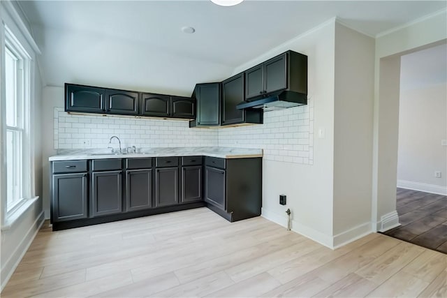 26 Fountain St, Rochester, NY 14620 - kitchen featuring light wood-type flooring, under cabinet range hood, decorative backsplash, and light countertops